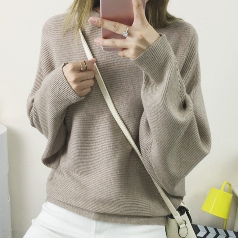 Boat Neck Batwing Sleeves Knitted Sweaters and Pullovers Tops for Women Image 3