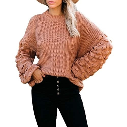 Womens Cute Oversized Crewneck Loose Puff Sleeves Chunky Knit Pullover Sweater Image 6