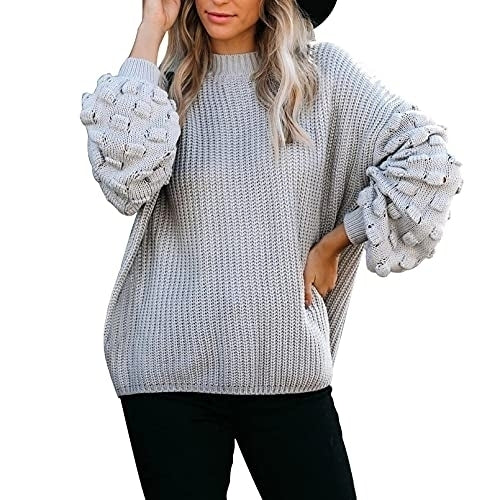 Womens Cute Oversized Crewneck Loose Puff Sleeves Chunky Knit Pullover Sweater Image 7