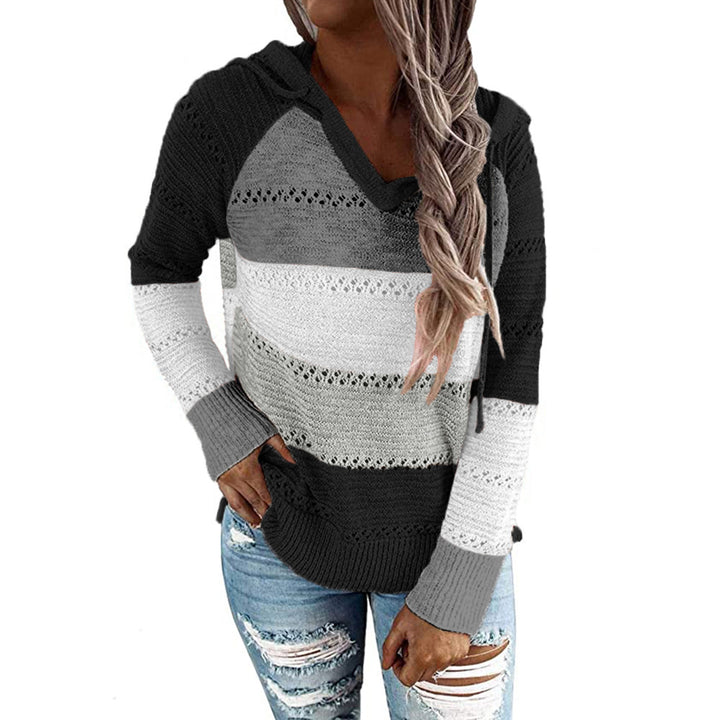 Womens Striped Color Block Hoodies Fashion V Neck Knit Sweater Pullovers Image 6