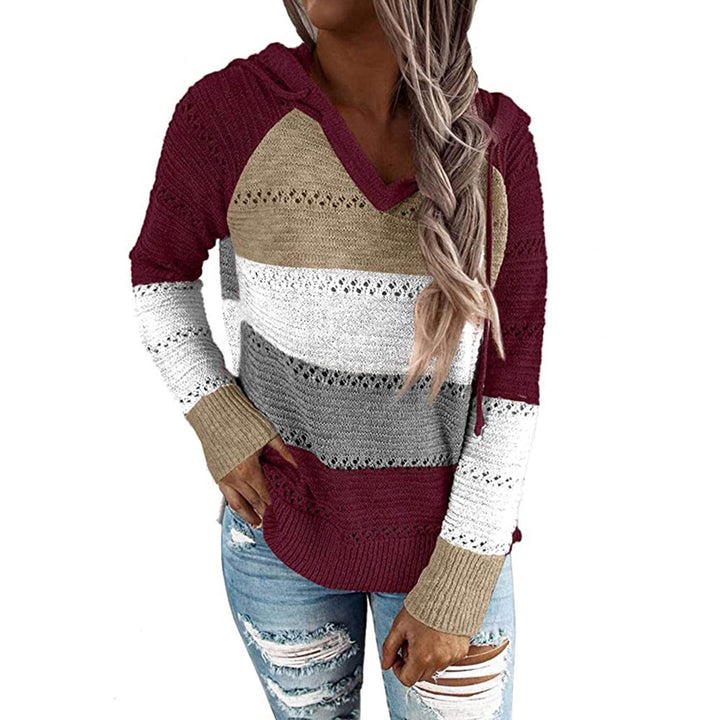 Womens Striped Color Block Hoodies Fashion V Neck Knit Sweater Pullovers Image 7