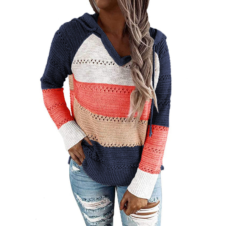 Womens Striped Color Block Hoodies Fashion V Neck Knit Sweater Pullovers Image 8