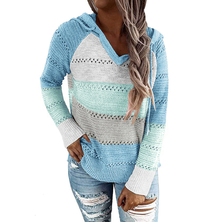 Womens Striped Color Block Hoodies Fashion V Neck Knit Sweater Pullovers Image 9