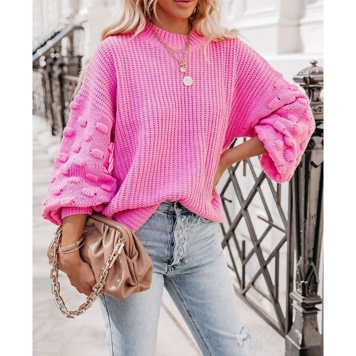 Womens Cute Oversized Crewneck Loose Puff Sleeves Chunky Knit Pullover Sweater Image 1