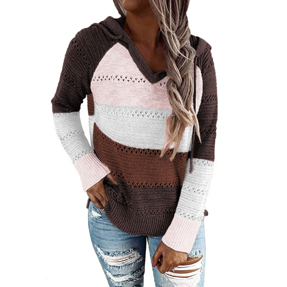 Womens Striped Color Block Hoodies Fashion V Neck Knit Sweater Pullovers Image 10