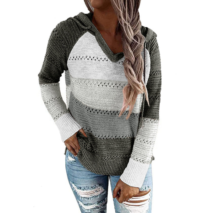 Womens Striped Color Block Hoodies Fashion V Neck Knit Sweater Pullovers Image 11