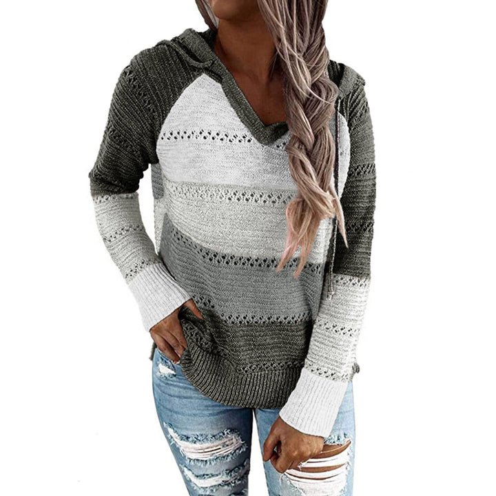 Womens Striped Color Block Hoodies Fashion V Neck Knit Sweater Pullovers Image 1