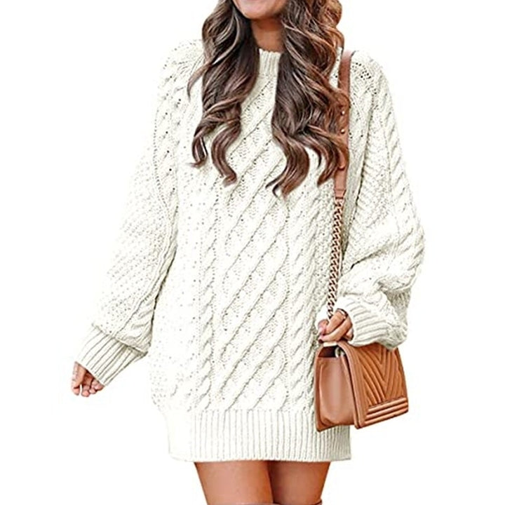 Women Crewneck Long Sleeve Oversized Cable Knit Chunky Pullover Image 1