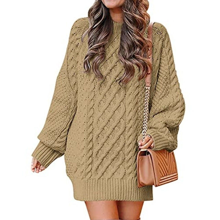 Women Crewneck Long Sleeve Oversized Cable Knit Chunky Pullover Image 2