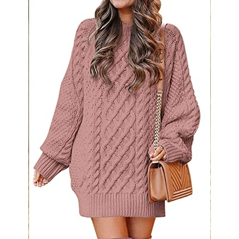 Women Crewneck Long Sleeve Oversized Cable Knit Chunky Pullover Image 3