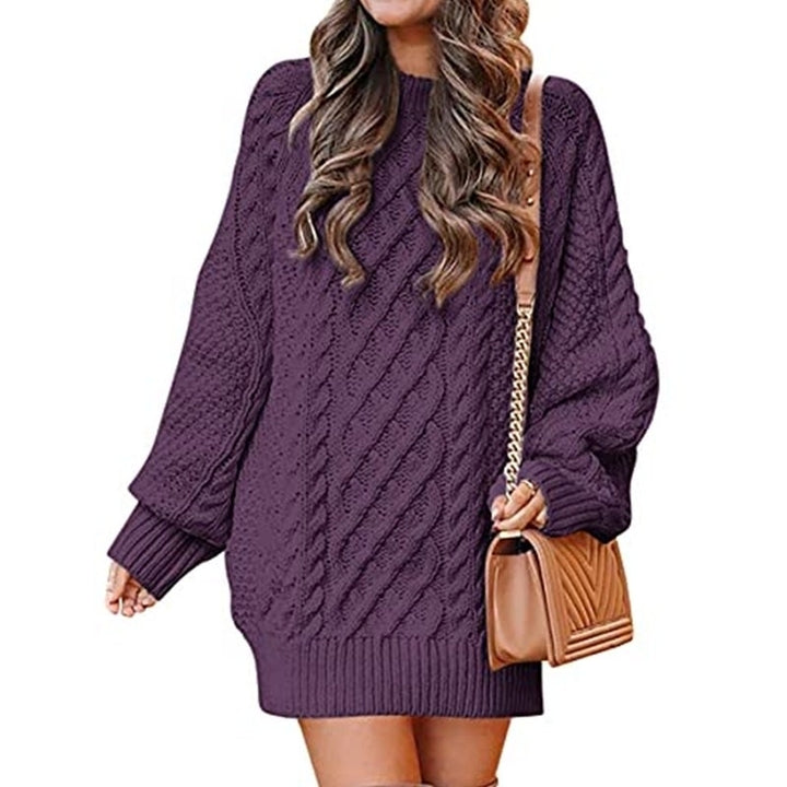 Women Crewneck Long Sleeve Oversized Cable Knit Chunky Pullover Image 4