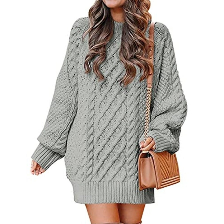 Women Crewneck Long Sleeve Oversized Cable Knit Chunky Pullover Image 4