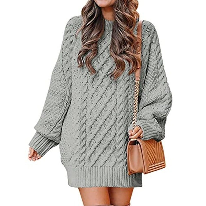 Women Crewneck Long Sleeve Oversized Cable Knit Chunky Pullover Image 1