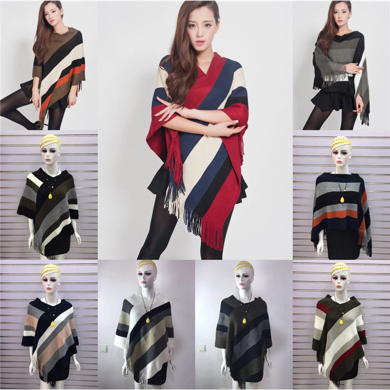 Womens Elegant Knitted Poncho Top with Stripe Patterns and Fringed Sides Image 1