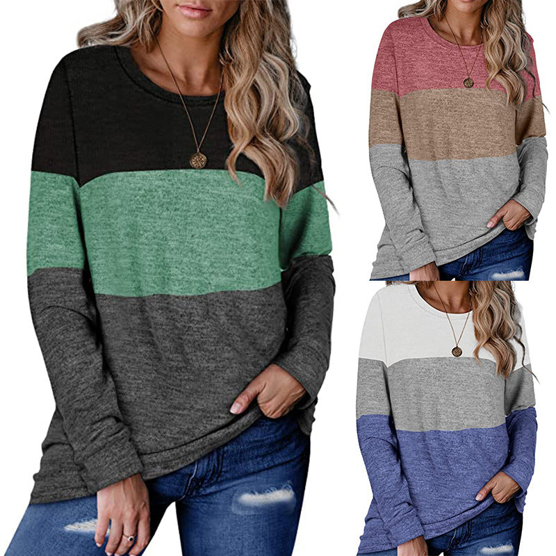 Womens Sweaters Long Sleeve Color Block Casual Round Neck Tunic Tops Image 1