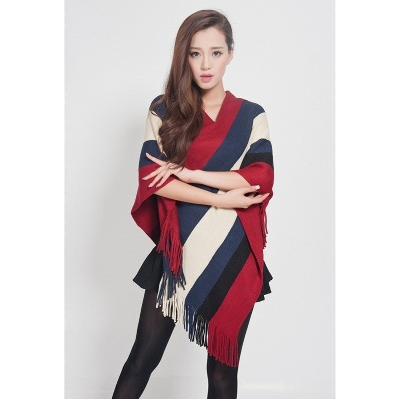 Womens Elegant Knitted Poncho Top with Stripe Patterns and Fringed Sides Image 2