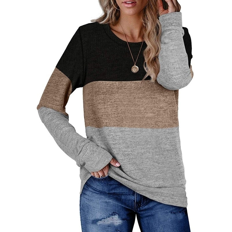 Womens Sweaters Long Sleeve Color Block Casual Round Neck Tunic Tops Image 2