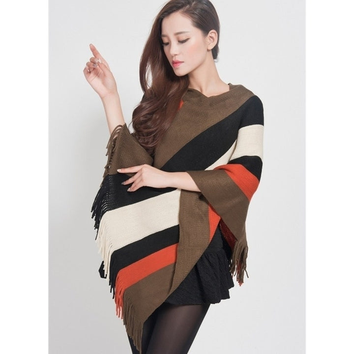 Womens Elegant Knitted Poncho Top with Stripe Patterns and Fringed Sides Image 4