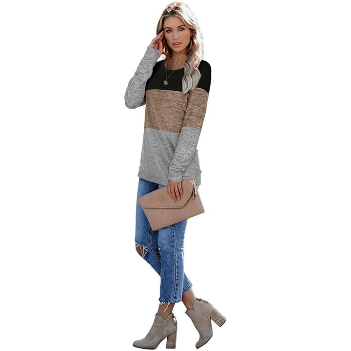 Womens Sweaters Long Sleeve Color Block Casual Round Neck Tunic Tops Image 3