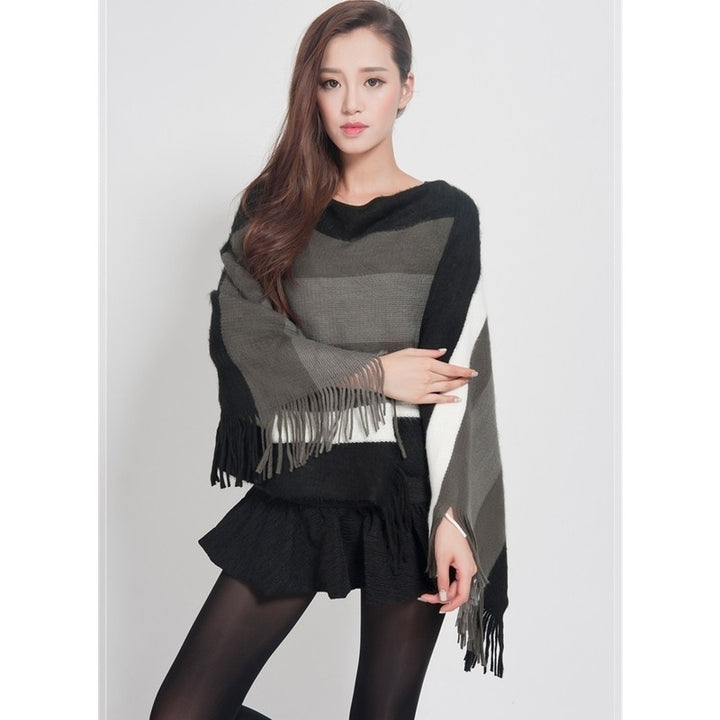 Womens Elegant Knitted Poncho Top with Stripe Patterns and Fringed Sides Image 6