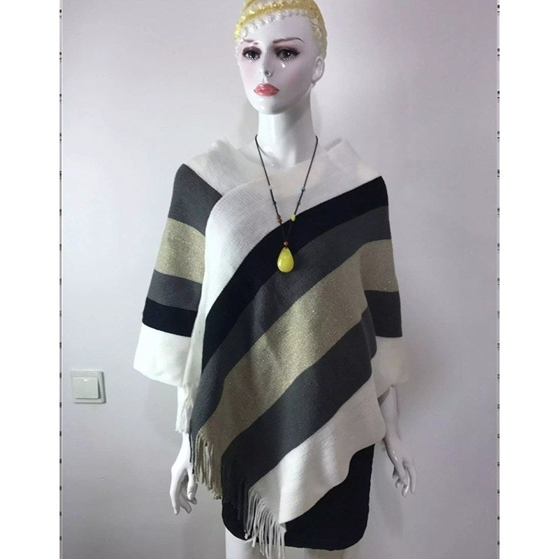 Womens Elegant Knitted Poncho Top with Stripe Patterns and Fringed Sides Image 7