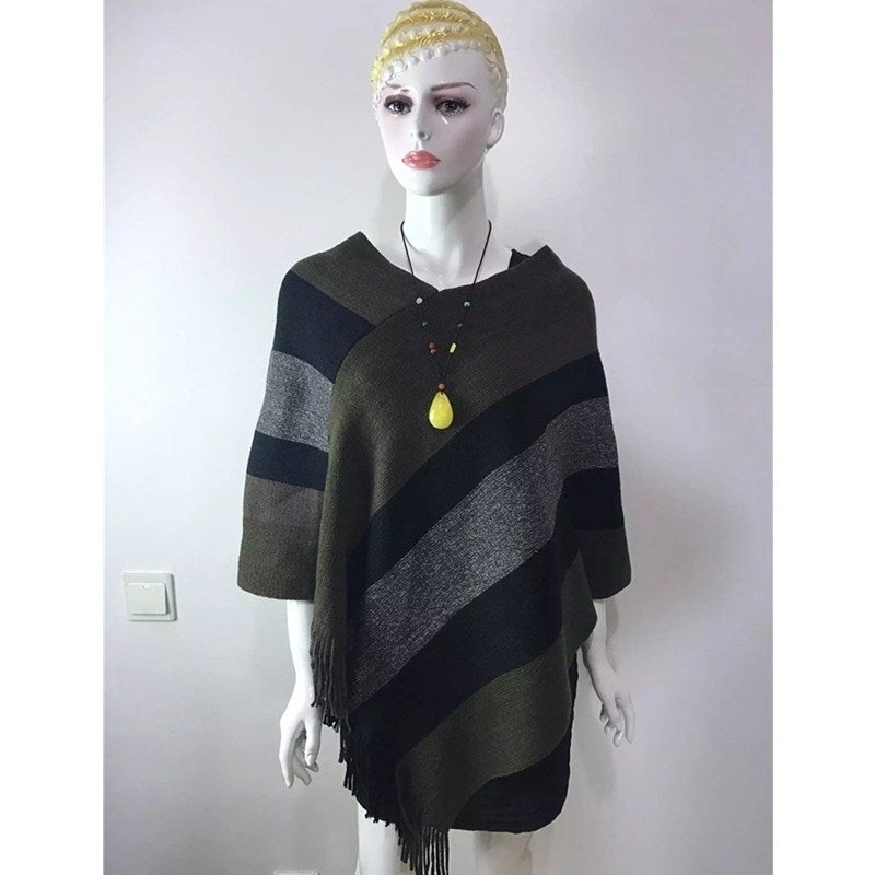 Womens Elegant Knitted Poncho Top with Stripe Patterns and Fringed Sides Image 8