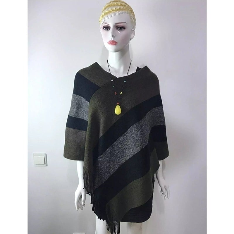 Womens Elegant Knitted Poncho Top with Stripe Patterns and Fringed Sides Image 1