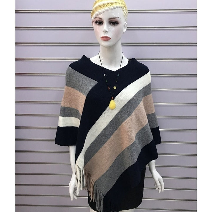 Womens Elegant Knitted Poncho Top with Stripe Patterns and Fringed Sides Image 9