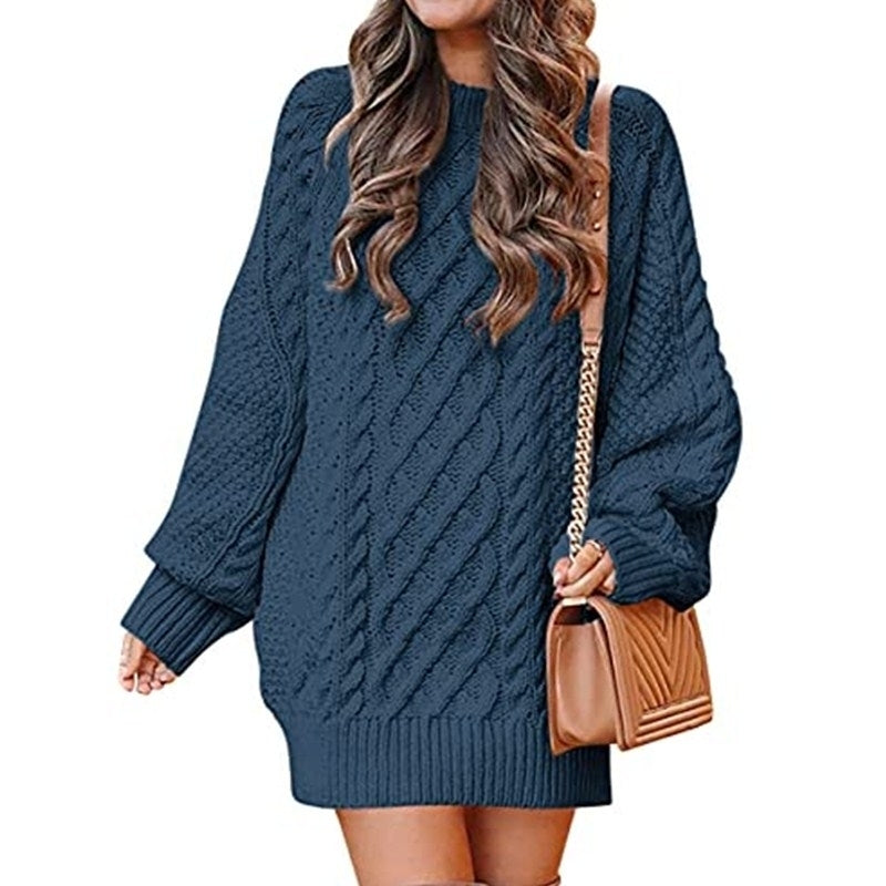 Women Crewneck Long Sleeve Oversized Cable Knit Chunky Pullover Image 11