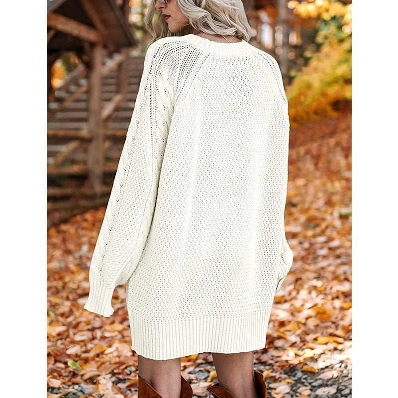 Women Crewneck Long Sleeve Oversized Cable Knit Chunky Pullover Image 12