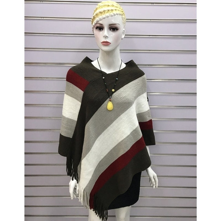 Womens Elegant Knitted Poncho Top with Stripe Patterns and Fringed Sides Image 11