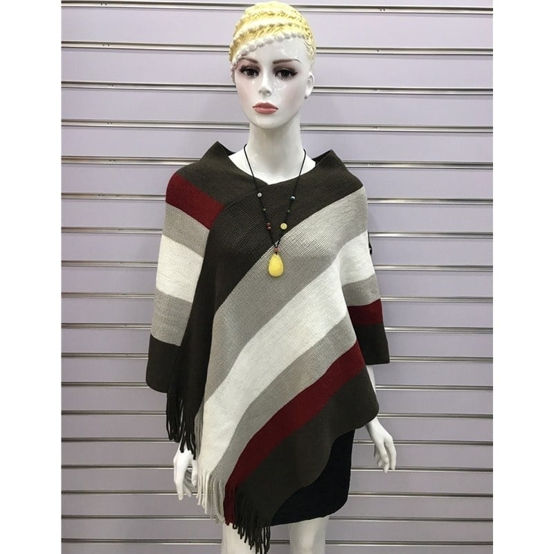 Womens Elegant Knitted Poncho Top with Stripe Patterns and Fringed Sides Image 1