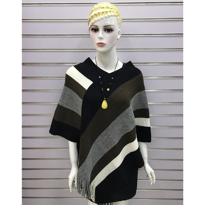 Womens Elegant Knitted Poncho Top with Stripe Patterns and Fringed Sides Image 12