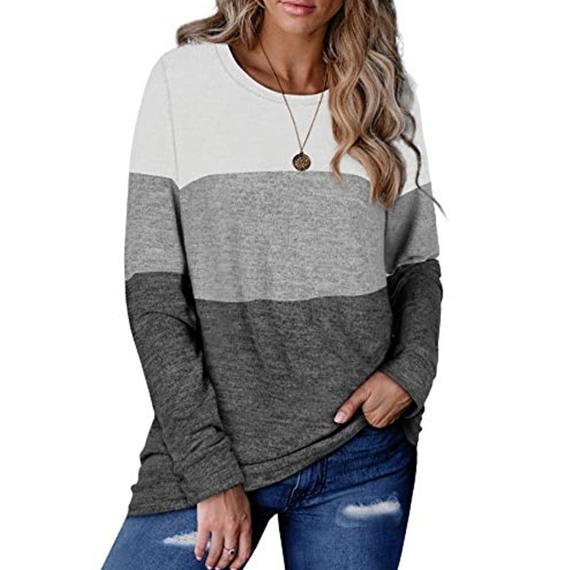 Womens Sweaters Long Sleeve Color Block Casual Round Neck Tunic Tops Image 7