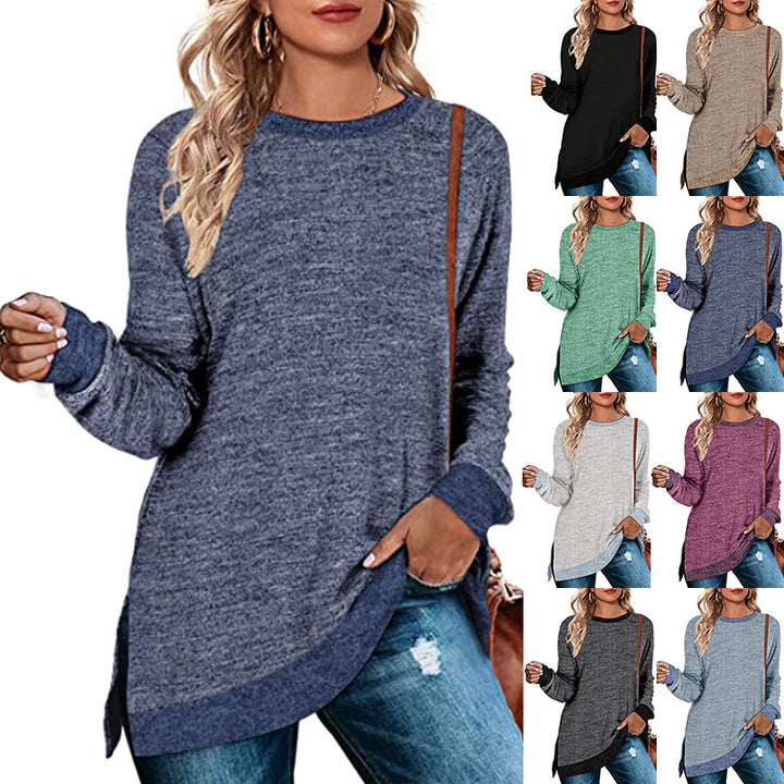 Womens Long Sleeve Sweatshirts Color Block Crewneck Sweaters Tunic Tops Image 1