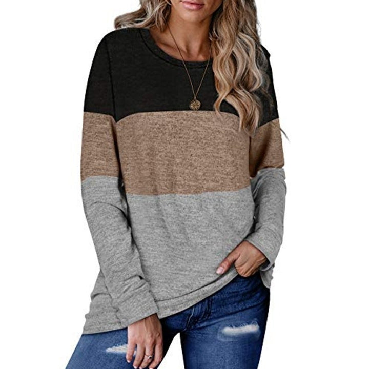 Womens Sweaters Long Sleeve Color Block Casual Round Neck Tunic Tops Image 8