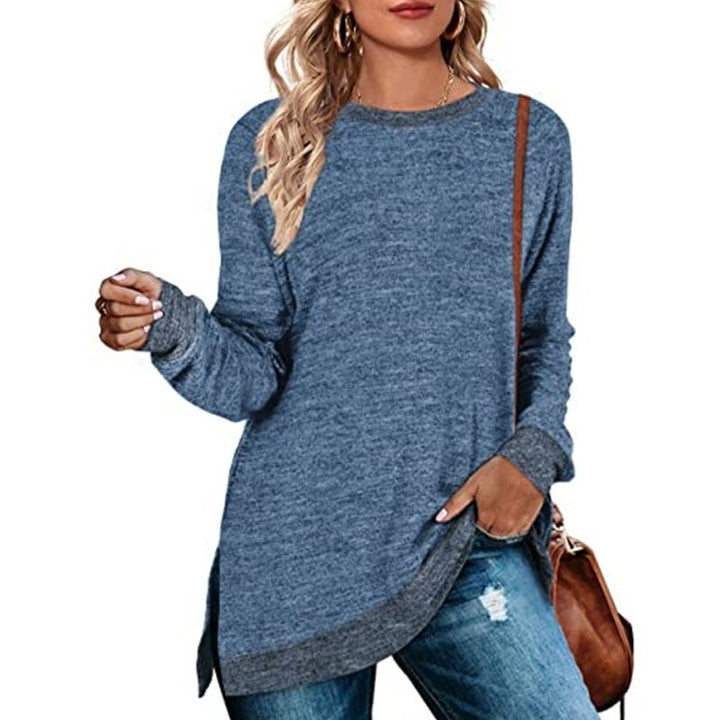 Womens Long Sleeve Sweatshirts Color Block Crewneck Sweaters Tunic Tops Image 7