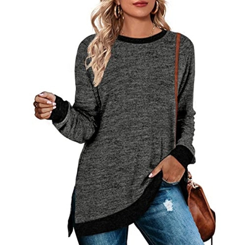 Womens Long Sleeve Sweatshirts Color Block Crewneck Sweaters Tunic Tops Image 9