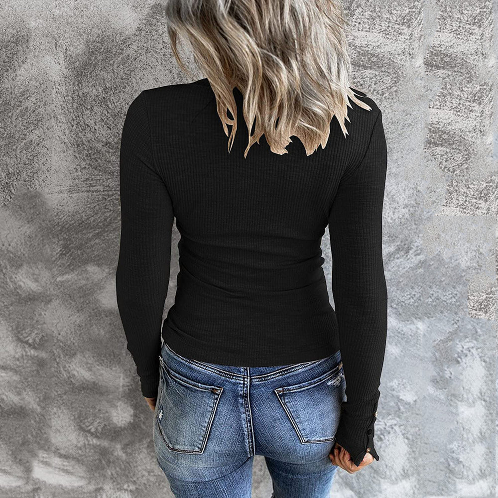 Womens Long Sleeve Henley T Shirts Button Down Slim Fit Tops Scoop Neck Ribbed Knit Shirts Image 2