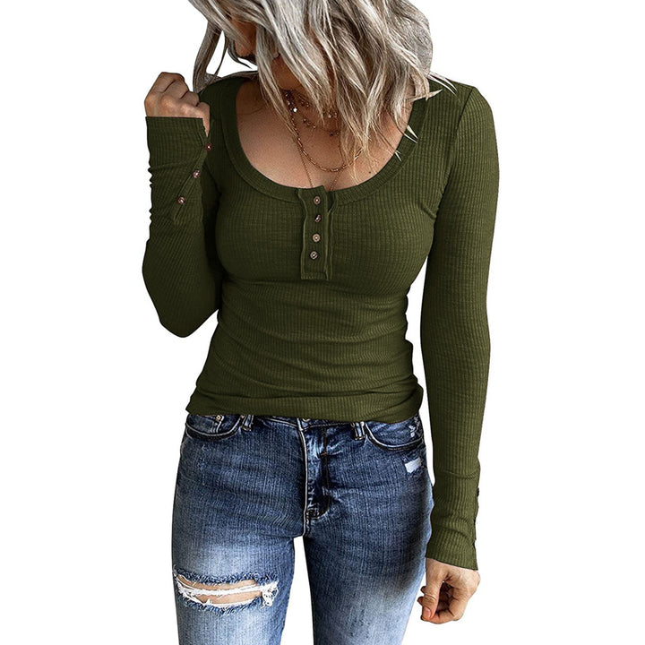 Womens Long Sleeve Henley T Shirts Button Down Slim Fit Tops Scoop Neck Ribbed Knit Shirts Image 3