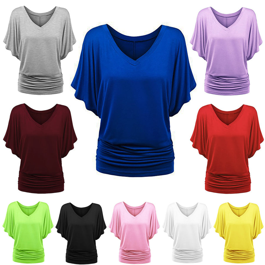 Womens Solid Short Sleeve Boat Neck V Neck Top with Side Shirring Image 1