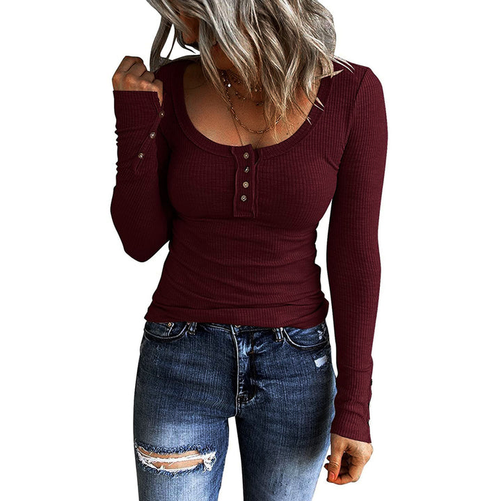 Womens Long Sleeve Henley T Shirts Button Down Slim Fit Tops Scoop Neck Ribbed Knit Shirts Image 4