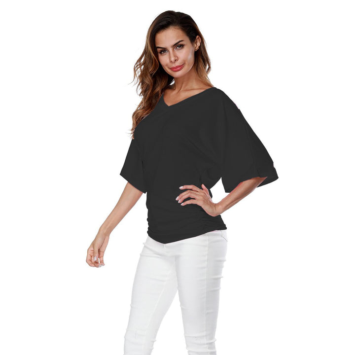 Womens Solid Short Sleeve Boat Neck V Neck Top with Side Shirring Image 2