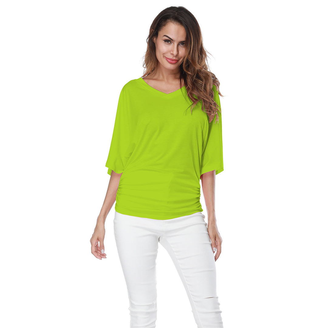 Womens Solid Short Sleeve Boat Neck V Neck Top with Side Shirring Image 3