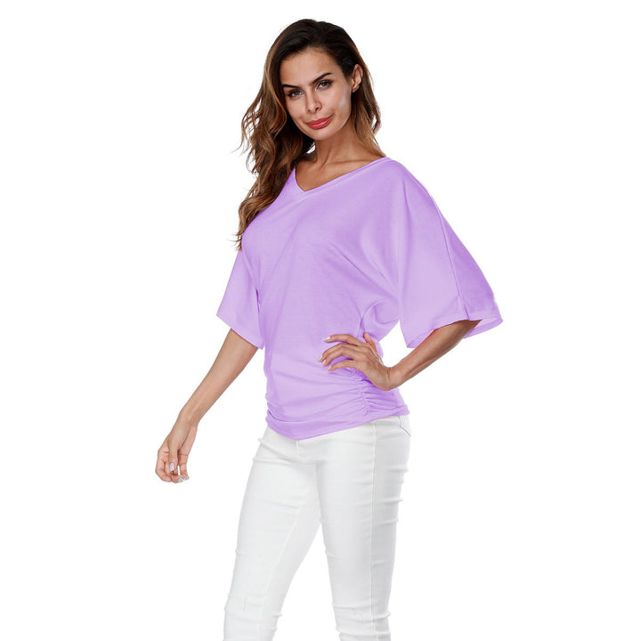 Womens Solid Short Sleeve Boat Neck V Neck Top with Side Shirring Image 4