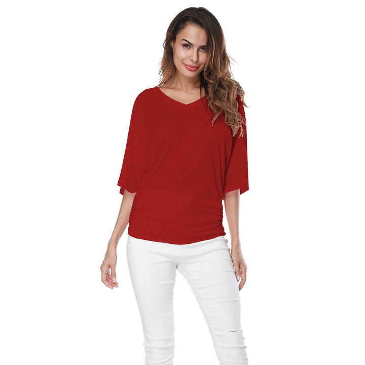 Womens Solid Short Sleeve Boat Neck V Neck Top with Side Shirring Image 6