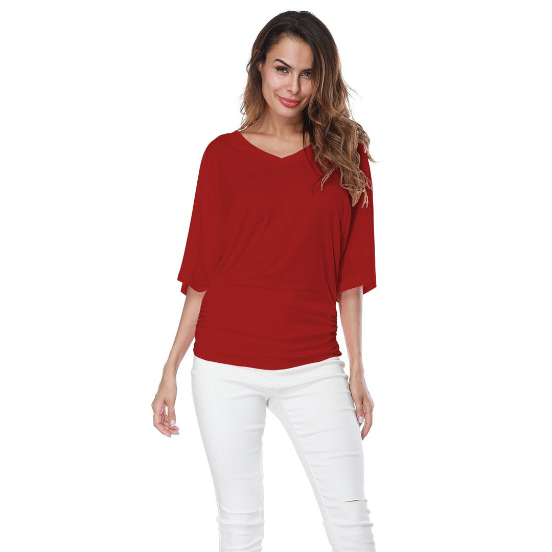 Womens Solid Short Sleeve Boat Neck V Neck Top with Side Shirring Image 1