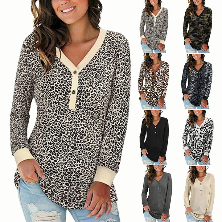 Womens Leopard Print V-Neck Button Camo Causal Long Sleeve Image 1