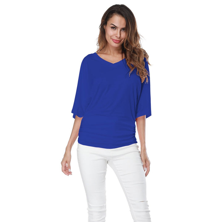 Womens Solid Short Sleeve Boat Neck V Neck Top with Side Shirring Image 1