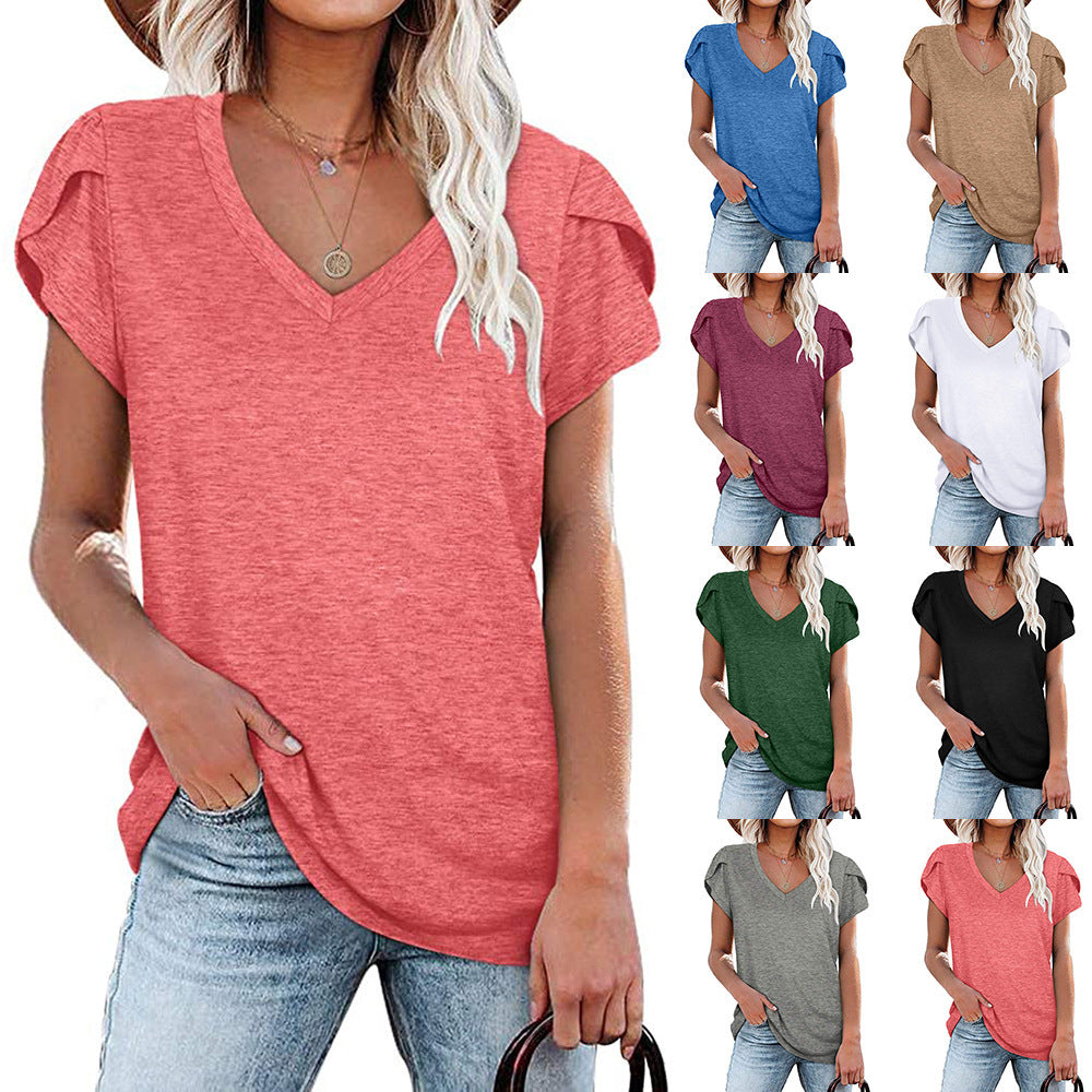 Womens Tops V Neck Summer Petal Sleeve Casual Tshirts Image 1